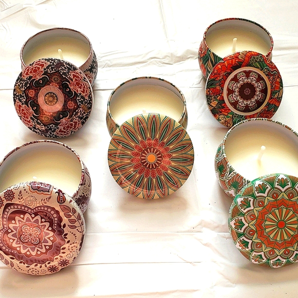 5 scented aromatherapy mandala candles tin gift set